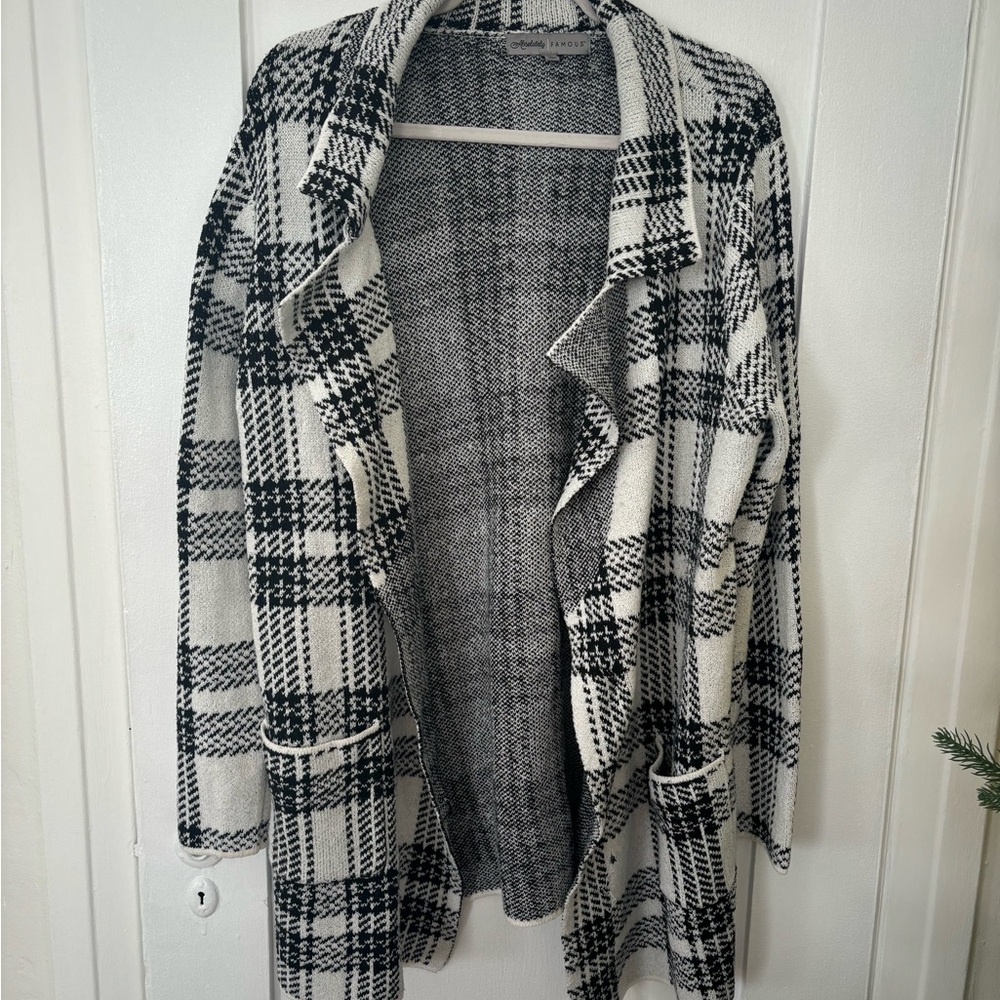 Plaid Open Front Cardigan Sweater - Black and White